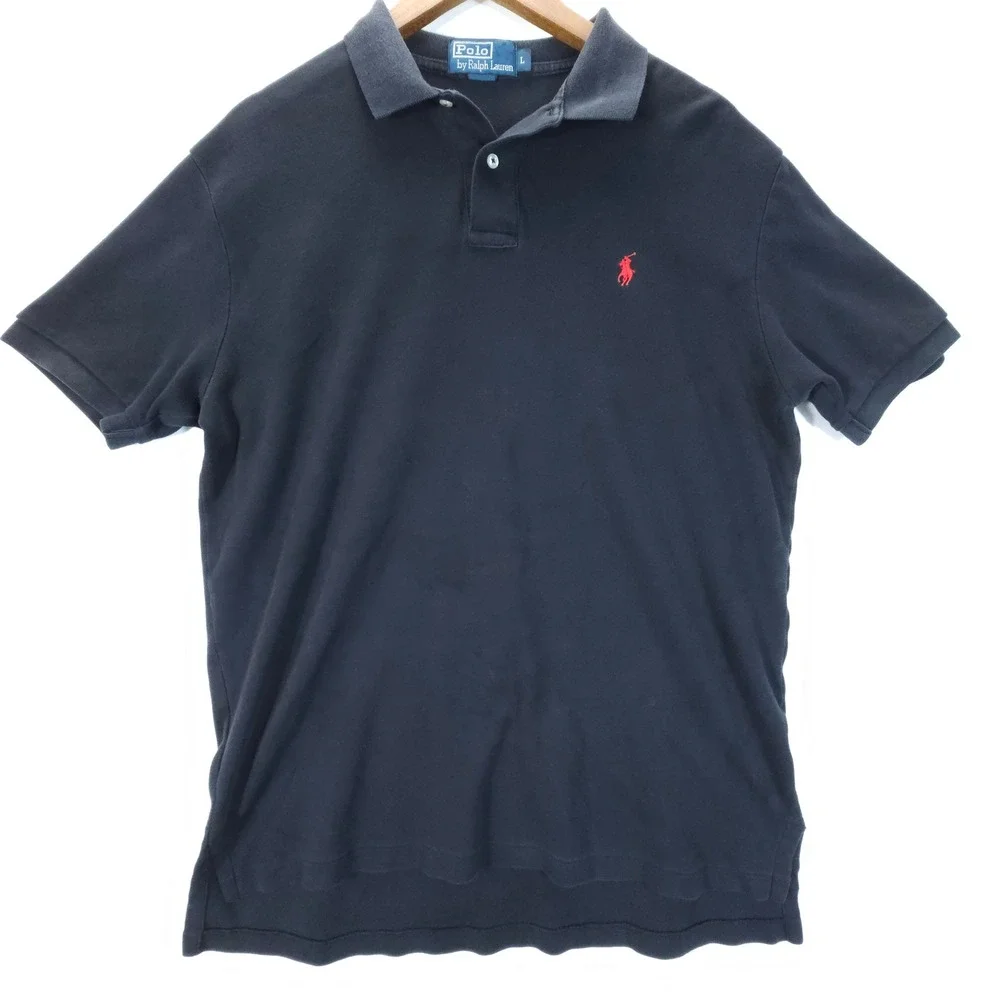 Vintage Polo Ralph Lauren Men L Black Red Pony Logo Streetwear Short Sleeve Polo